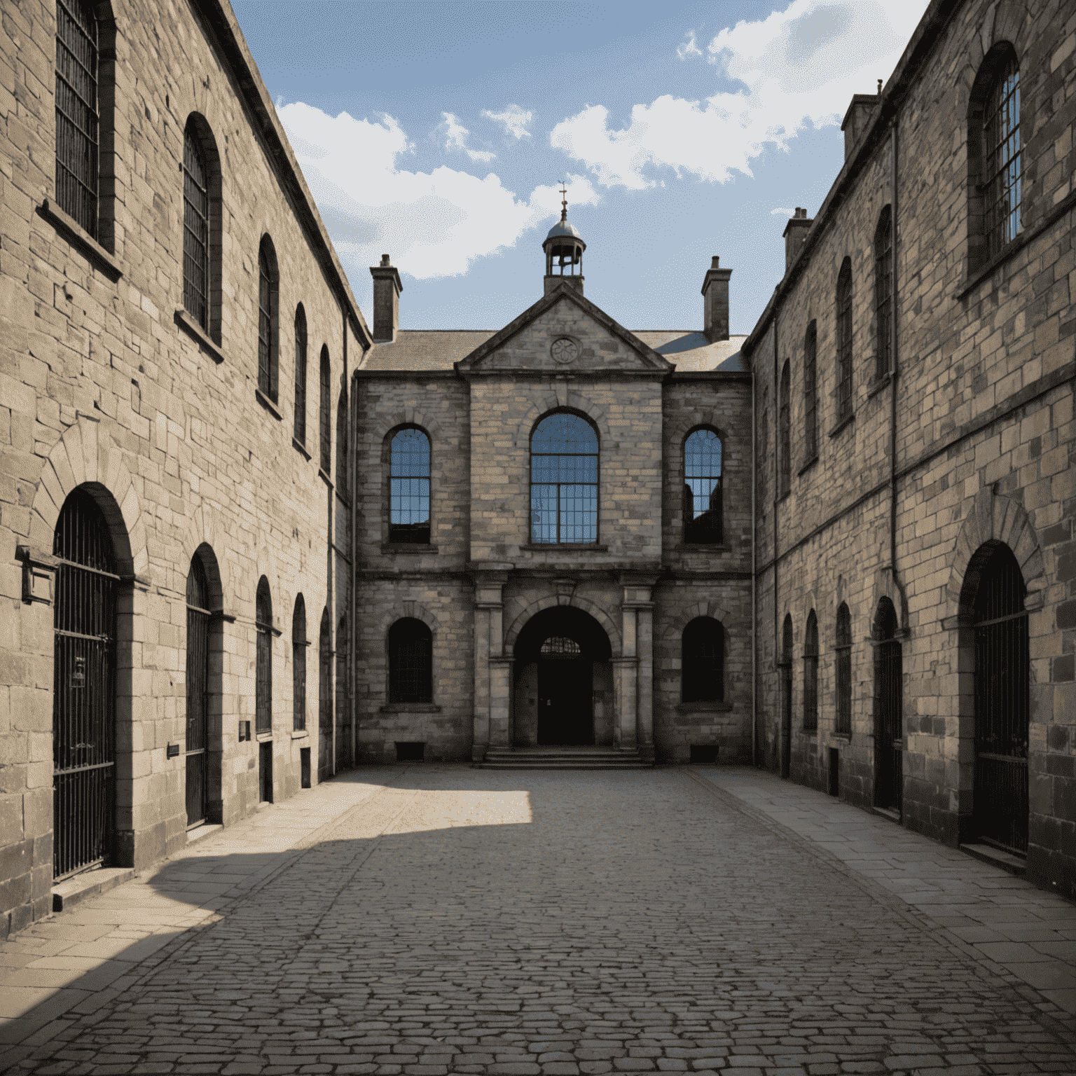 Exterior view of Kilmainham Gaol, showing its imposing stone facade and entrance