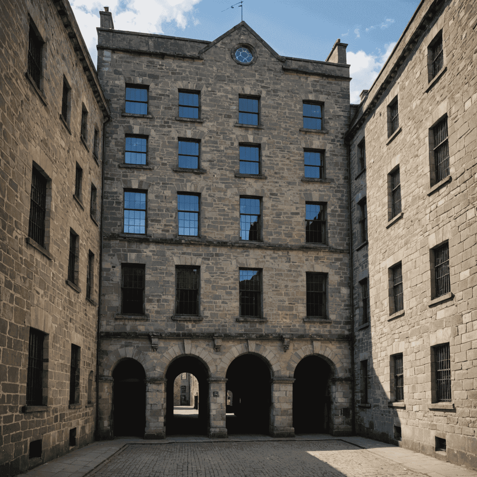 Exterior view of Kilmainham Gaol, showing its imposing stone facade and barred windows, symbolizing its dark history