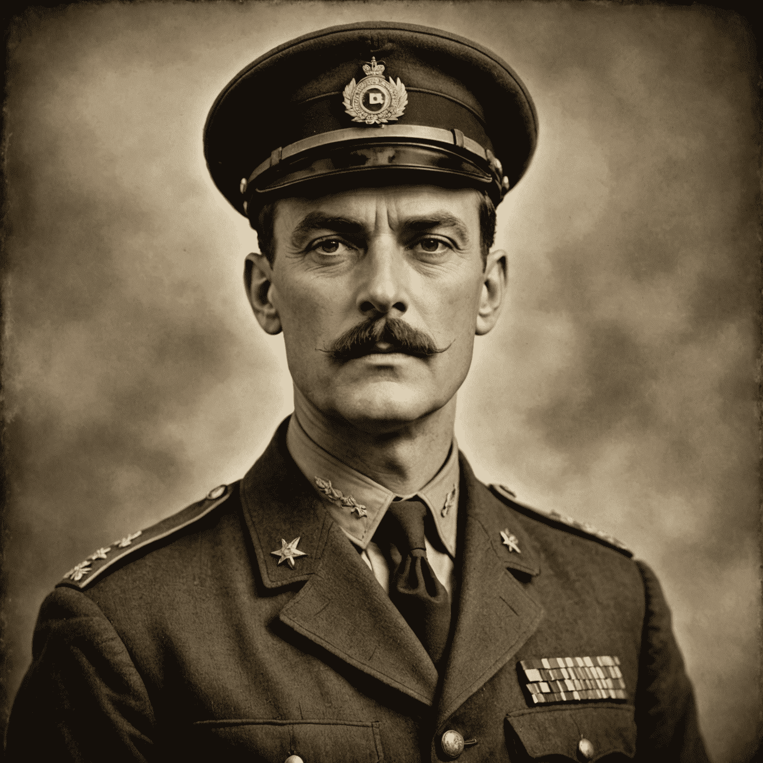 A sepia-toned photograph of Padraig Pearse, a stern-looking man with a mustache, wearing a military uniform. He is standing proudly, symbolizing his role as one of the leaders of the 1916 Easter Rising.