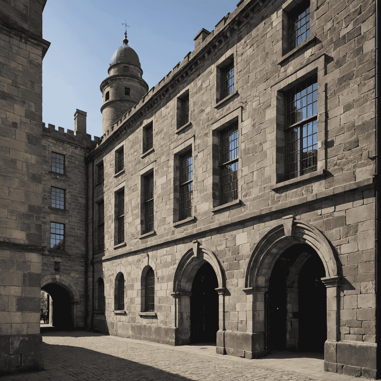 Exterior view of Kilmainham Gaol, showing its imposing stone facade and Victorian-era architecture