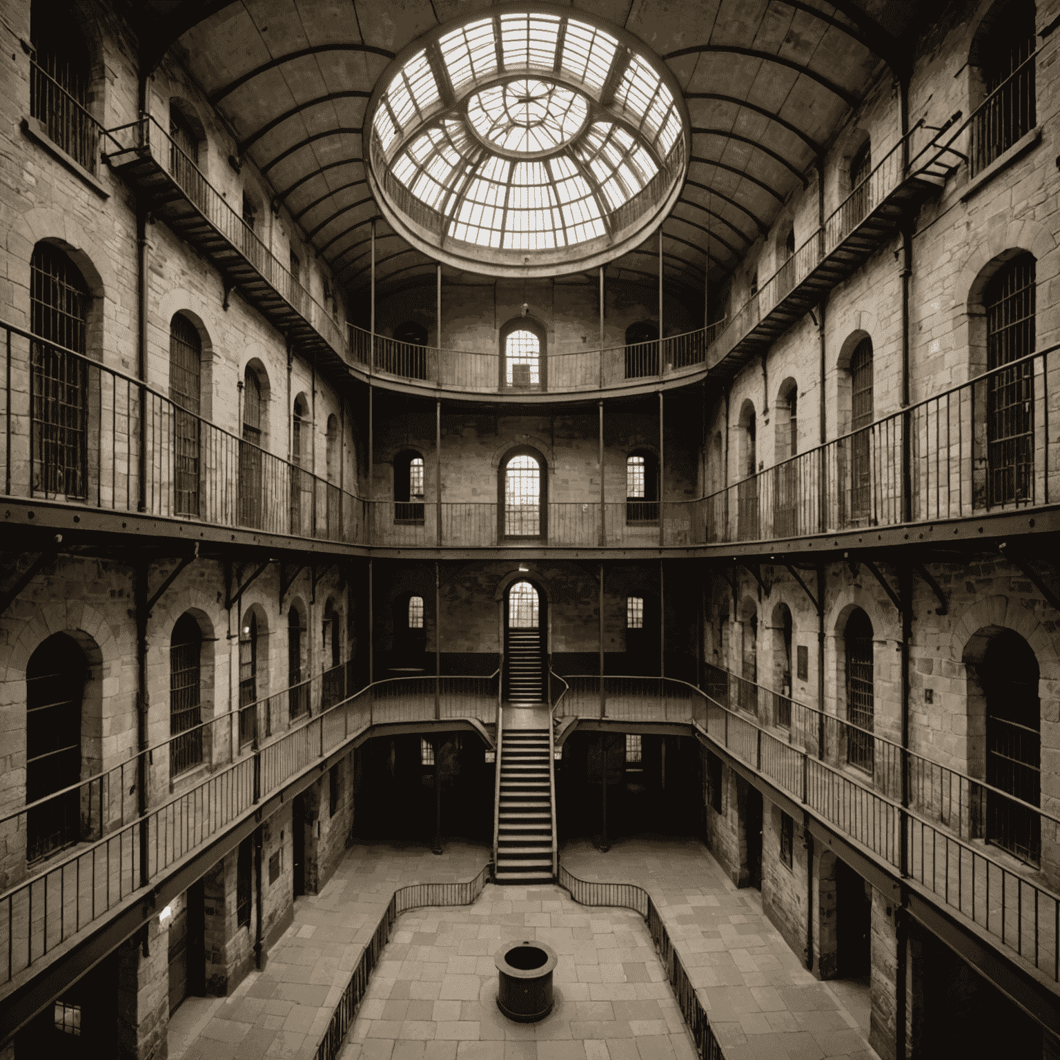 Interior view of Kilmainham Gaol showcasing its unique Victorian 'panopticon' design with iron walkways and central atrium