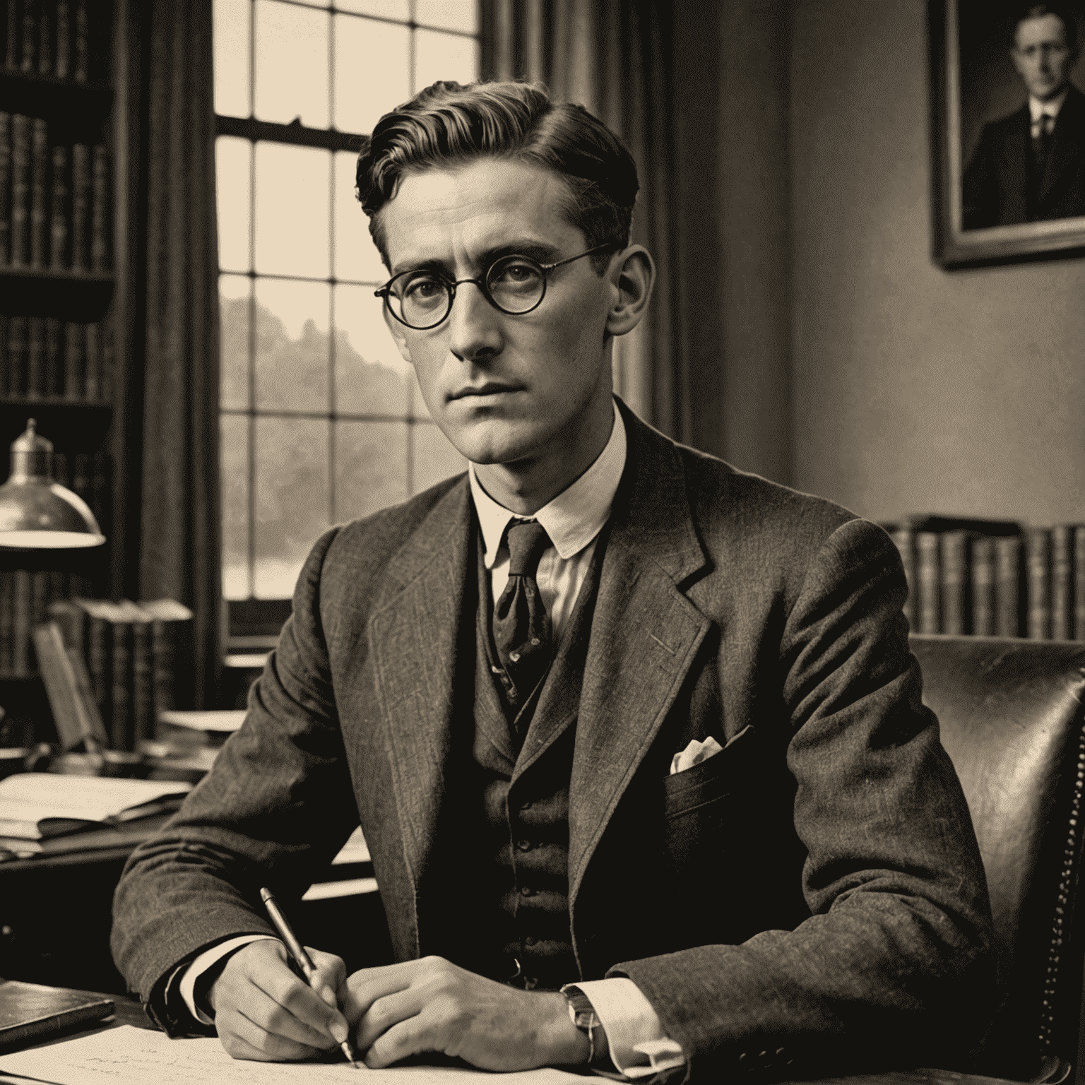 A historical photograph of Joseph Plunkett, a young man with glasses and a thoughtful expression, wearing a suit. He is seated at a desk, emphasizing his role as a poet and revolutionary leader.