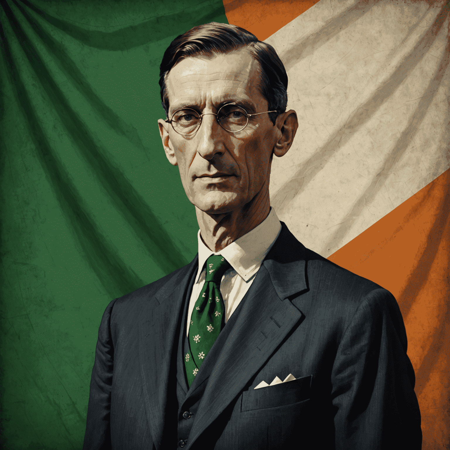 A portrait of Éamon de Valera, a tall man with a serious demeanor, wearing a suit and tie. He stands in front of the Irish flag, representing his future role as a prominent political leader in Ireland.