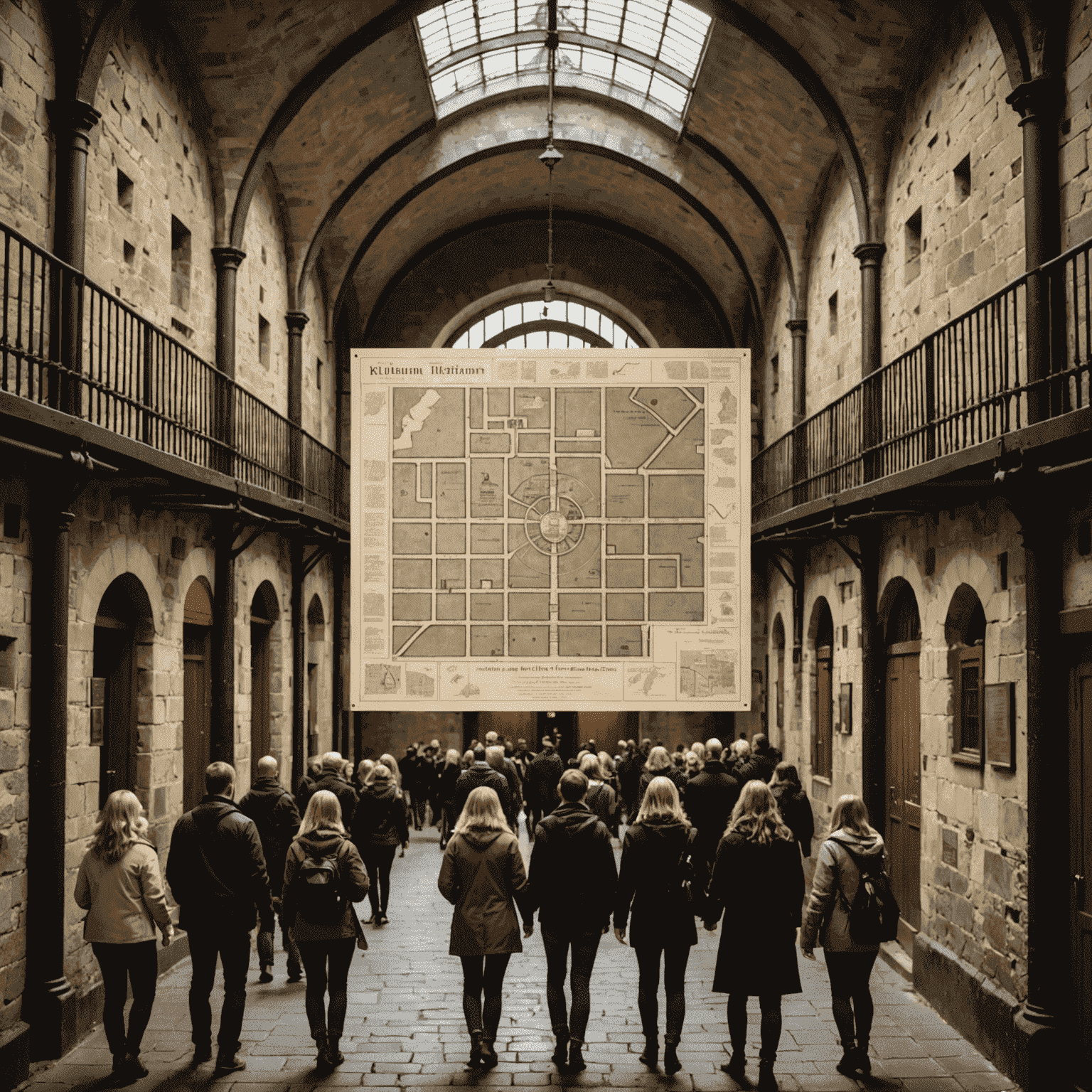 Composite image showing tourists exploring Kilmainham Gaol, a map of the area, and informational displays